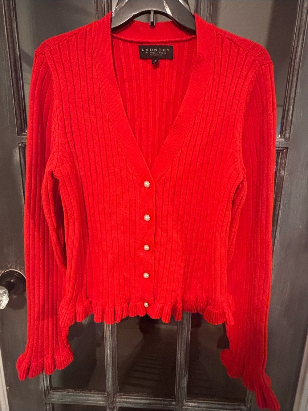 Laundry by Shelli Segal Red Ribbed Pearl Button Ruffle Cardigan - Picture 2 of 10